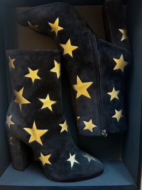Black Suede Ankle Boots with Gold Stars